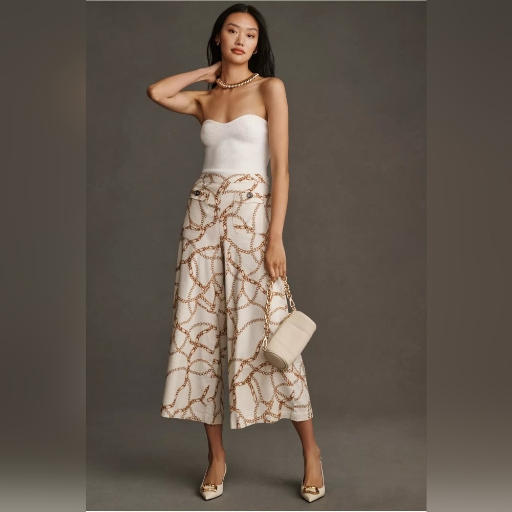 Maeve Anthropologie Cream Wide-Leg Flowy Cropped Chain Print Palazzo Pants Sz 14 - Picture 2 of 12
